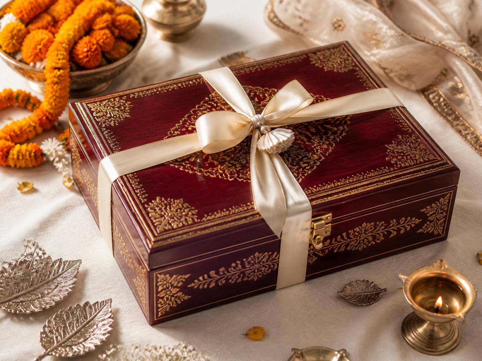 Luxury Rajasthani mithai gift box with silk ribbon