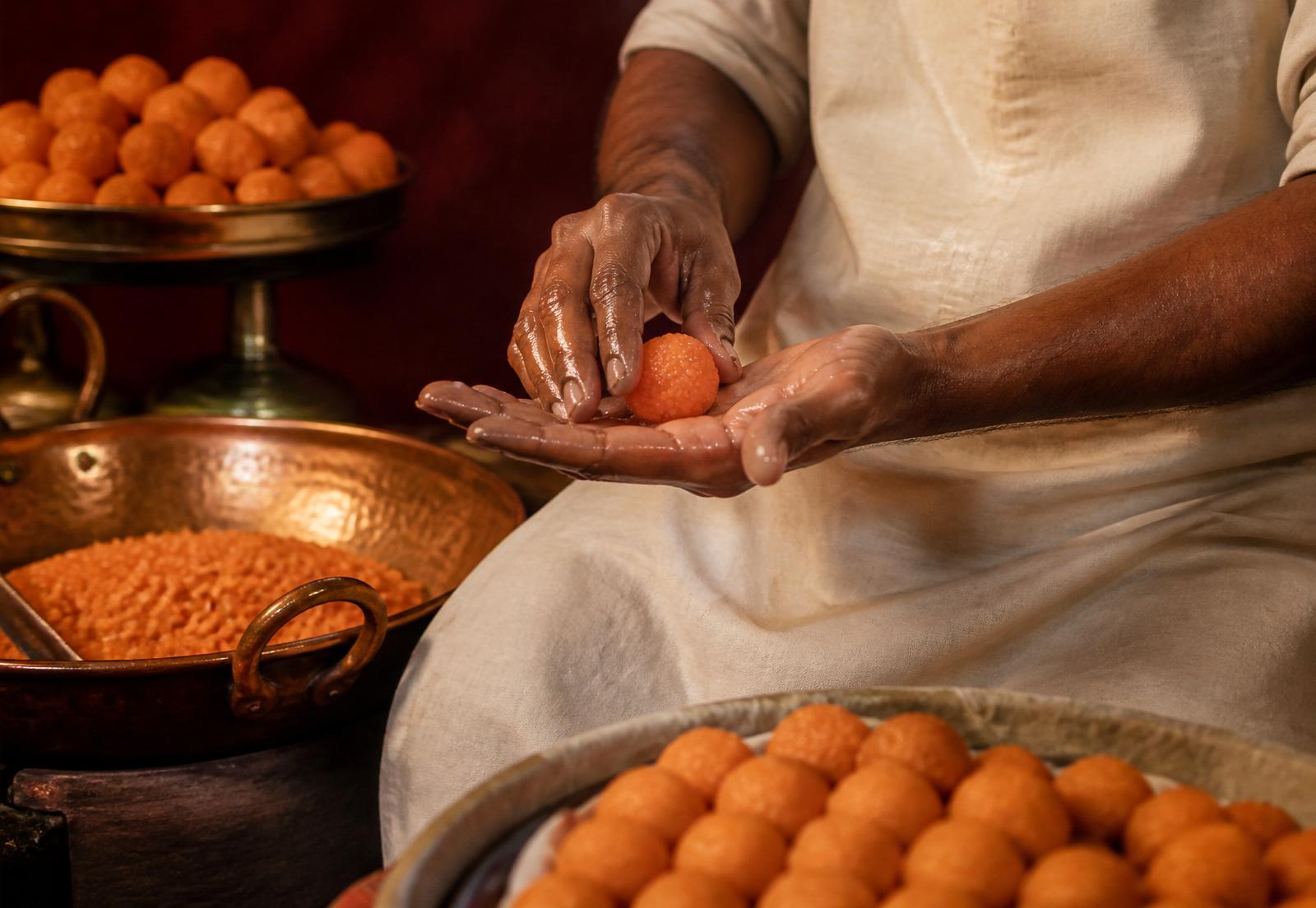 Sweetmaker rolling motichoor ladoo by hand